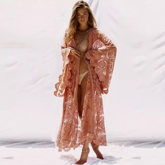 Boho Pink Scalloped Crochet Lace Duster Wrap - Picture 2 of 7